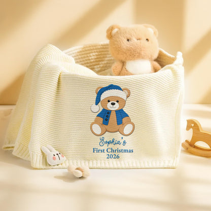 My First Christmas With Cute Teddy Bear Embroidery - Personalized Custom Embroidered Knitted Baby Blanket - KID840_EBALA
