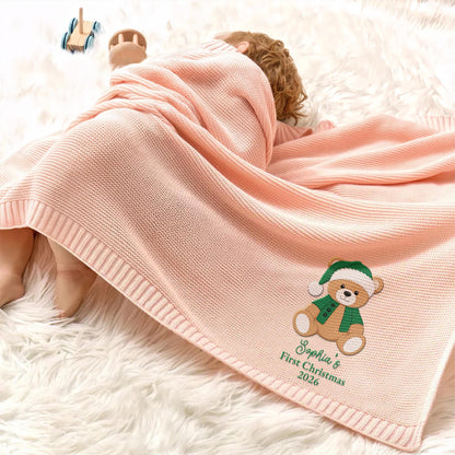 My First Christmas With Cute Teddy Bear Embroidery - Personalized Custom Embroidered Knitted Baby Blanket - KID840_EBALA