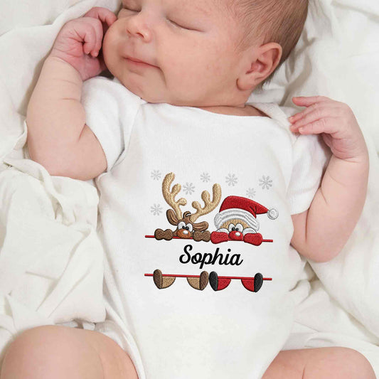 Baby's First Christmas With Santa And Reindeer Snowflakes - Personalized Custom Baby Onesie - KID843_ONES