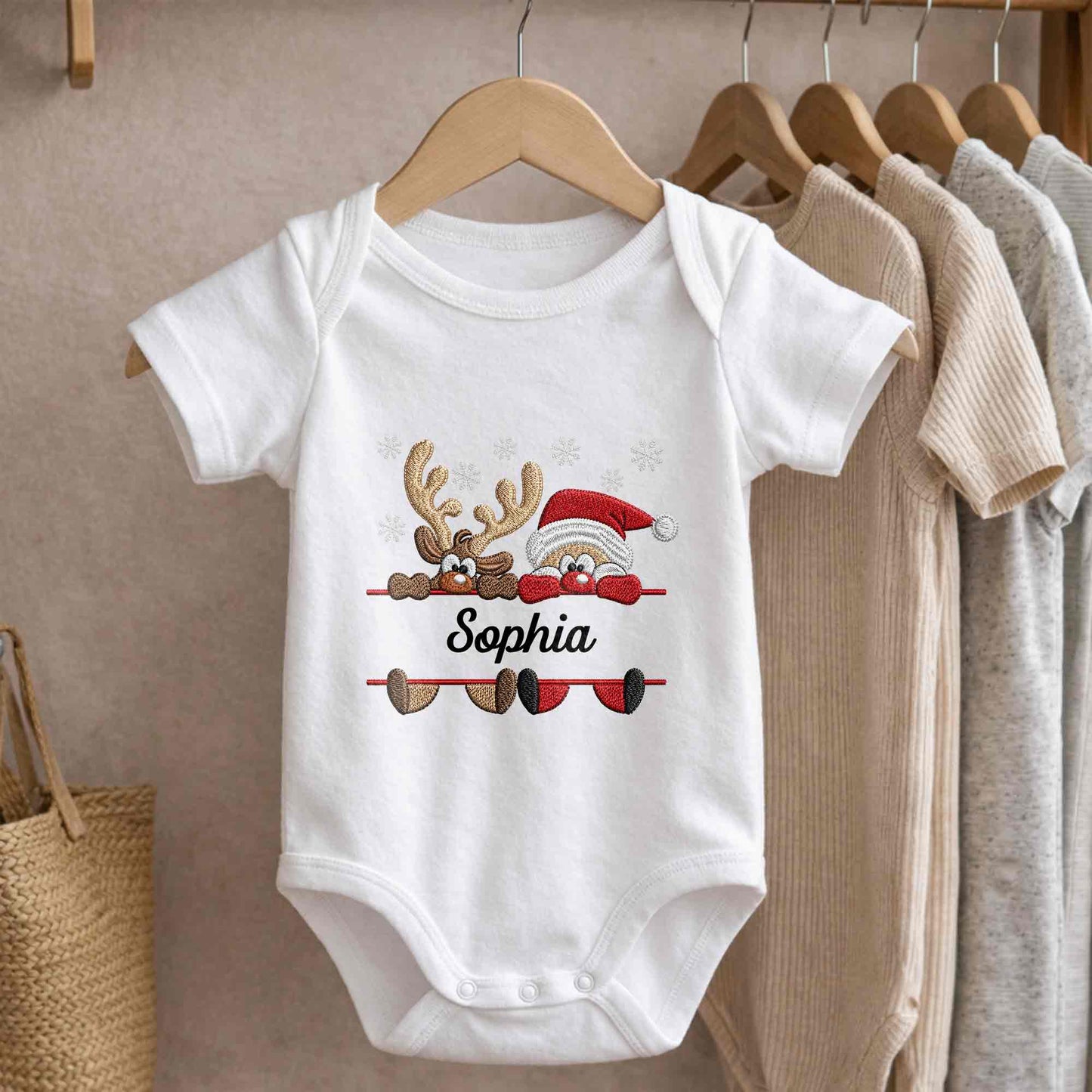 Baby's First Christmas With Santa And Reindeer Snowflakes - Personalized Custom Baby Onesie - KID843_ONES