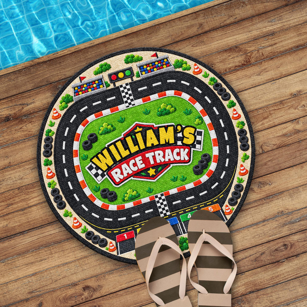 Race Track Custom Name With Racing Flags And Tires - Personalized Custom Shaped Doormat - KID975_CUDOR