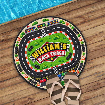 Race Track Custom Name With Racing Flags And Tires - Personalized Custom Shaped Doormat - KID975_CUDOR
