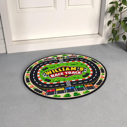 Race Track Custom Name With Racing Flags And Tires - Personalized Custom Shaped Doormat - KID975_CUDOR