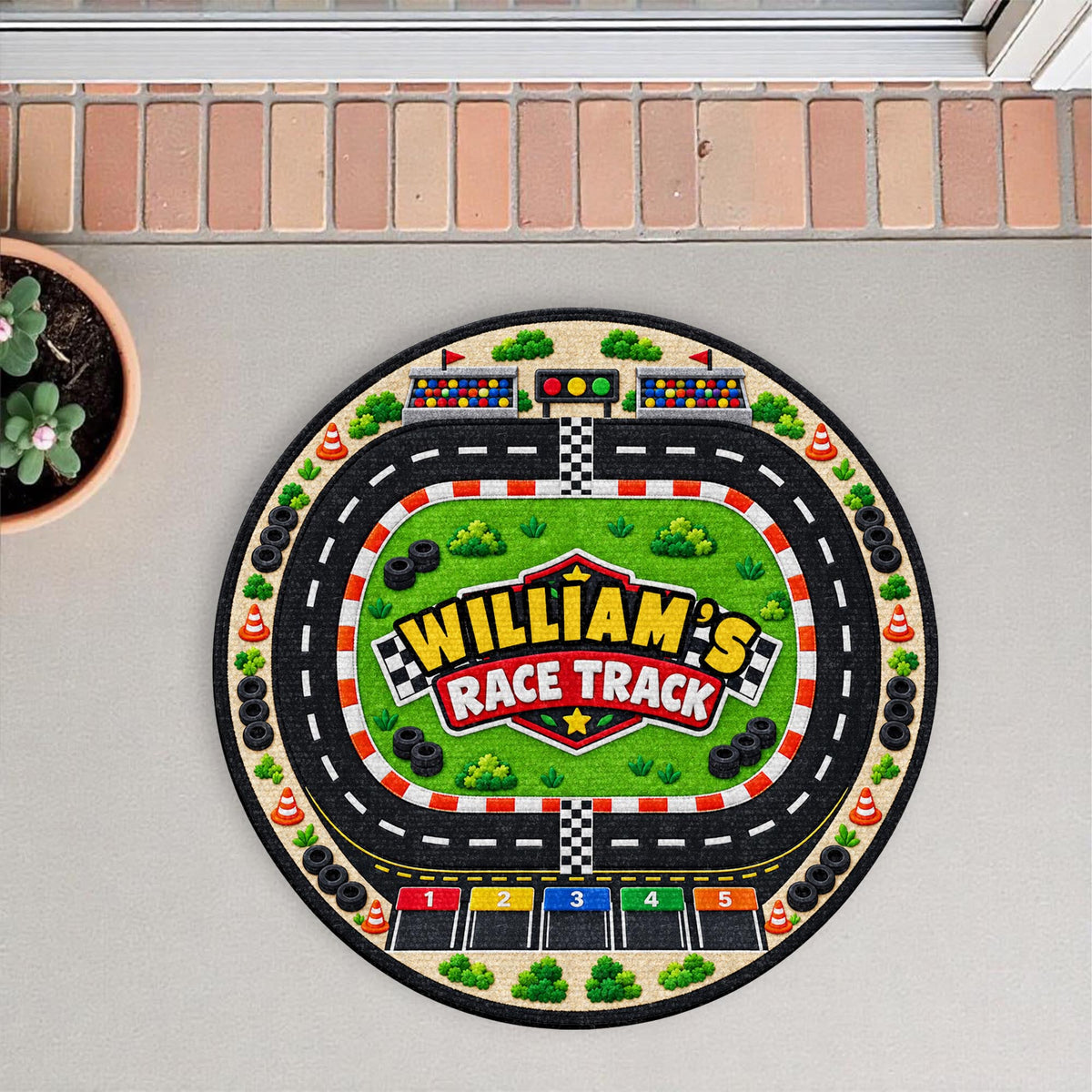 Race Track Custom Name With Racing Flags And Tires - Personalized Custom Shaped Doormat - KID975_CUDOR