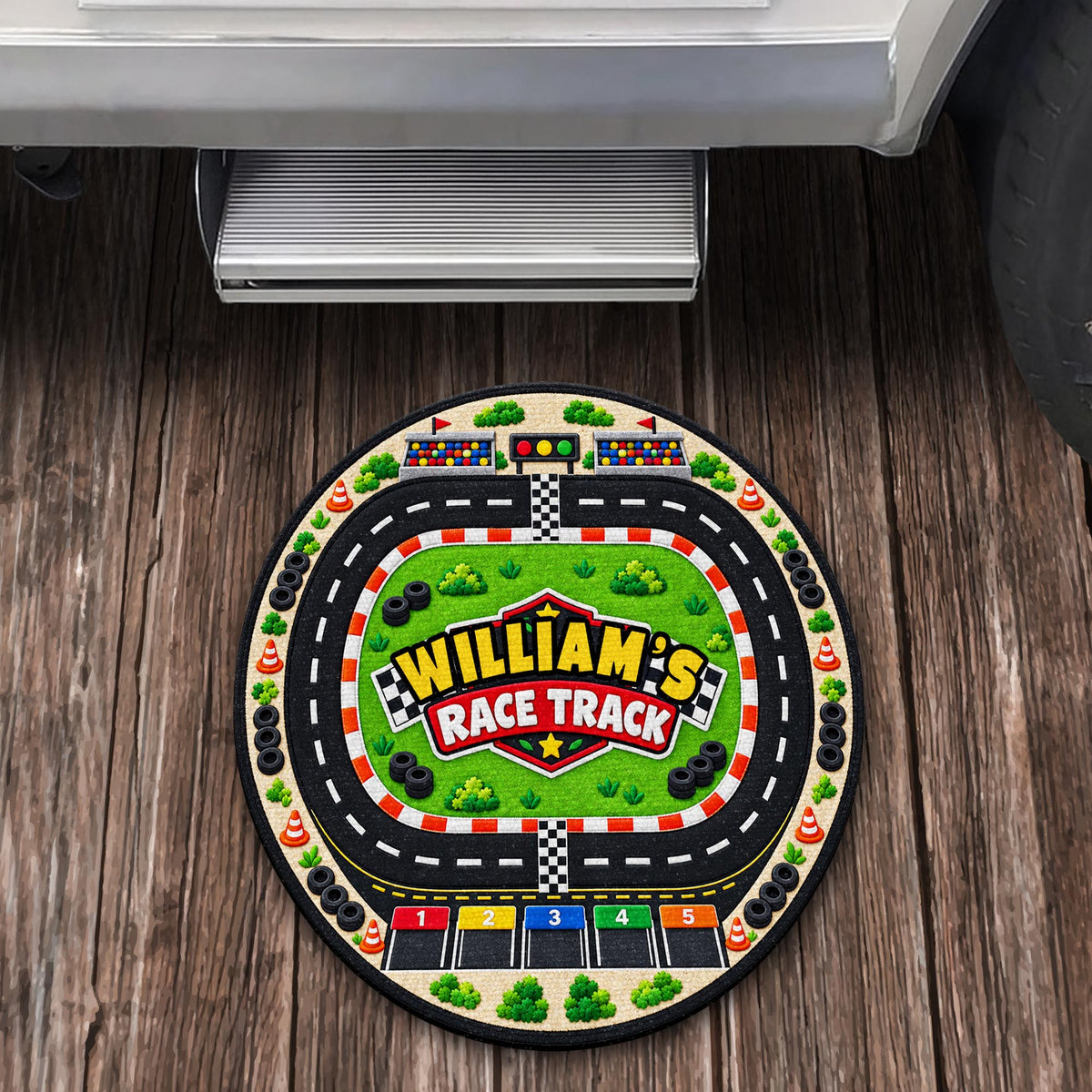 Race Track Custom Name With Racing Flags And Tires - Personalized Custom Shaped Doormat - KID975_CUDOR