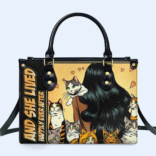 Y ella vivió feliz para siempre - Negro - Bolso de mano de cuero personalizado para amantes de los gatos - LL04BLACK