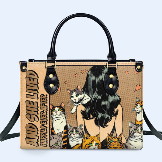 Y ella vivió feliz para siempre - Marrón - Bolso de mano de cuero personalizado para amantes de los gatos - LL04BROWN