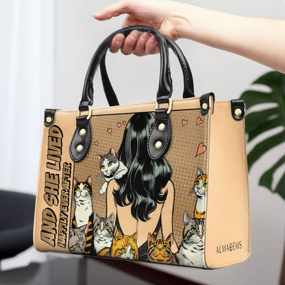 Et elle vécut heureuse pour toujours - Marron - Sac à main en cuir personnalisé pour les amoureux des chats - LL04BROWN