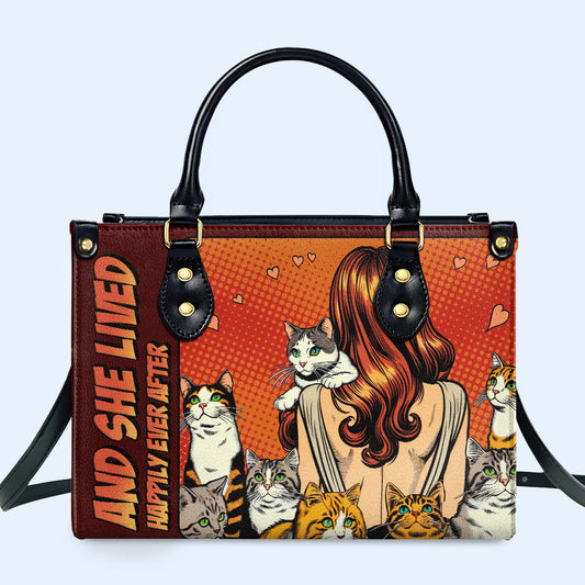 Y ella vivió feliz para siempre - Rojo - Bolso de mano de cuero personalizado para amantes de los gatos - LL04RED