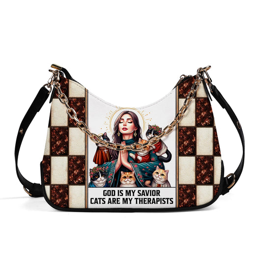 God Is My Savior, Cats Are My Therapists - Personalized Custom Chain Crossbody Handbag - LL25