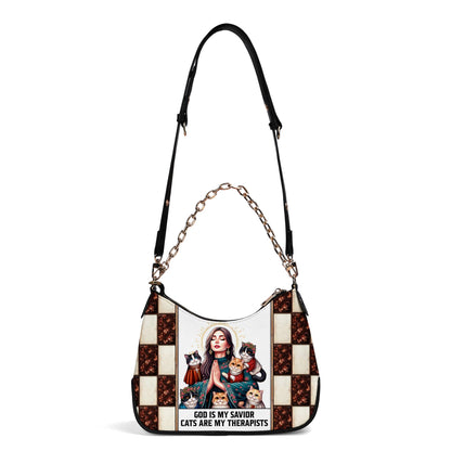 God Is My Savior, Cats Are My Therapists - Personalized Custom Chain Crossbody Handbag - LL25