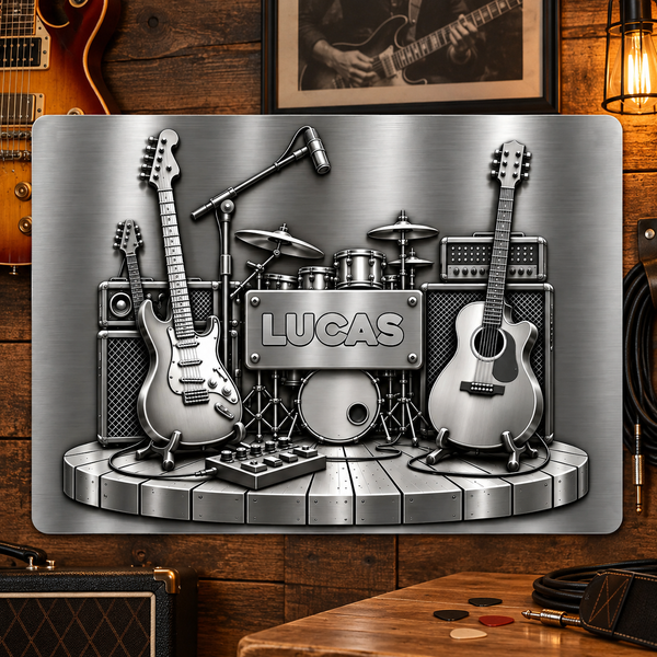 A Stage Set For A Legend With Guitars And Drums 3D Silver Effect - Personalized Metal Sign - MUSIC219_MSIGN