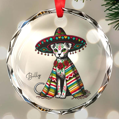 Day Of The Dead Styled Cat With Sombrero Glass Ornament