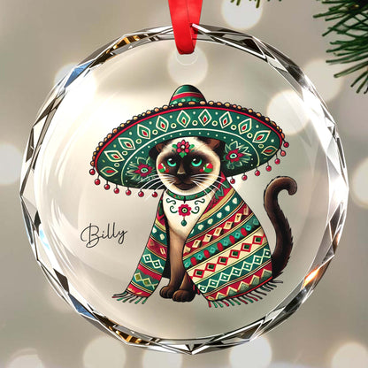 Day Of The Dead Styled Cat With Sombrero Glass Ornament