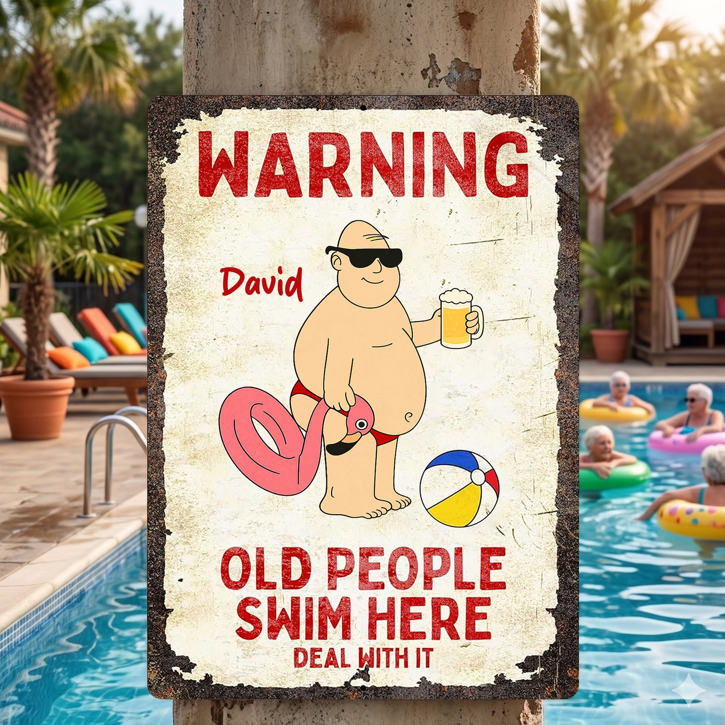 Warning Old People Swim Here Deal With It Pool Sign With Old Lady - Personalized Metal Sign - FAM900_MSIGN
