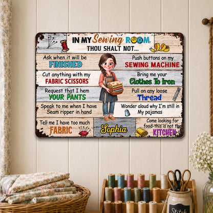 In My Sewing Room Rules With Fabric Scissors And Sewing Machine - Personalized Metal Sign - HAND110_MSIGN