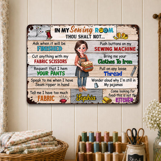 In My Sewing Room Rules With Fabric Scissors And Sewing Machine - Personalized Metal Sign - HAND110_MSIGN
