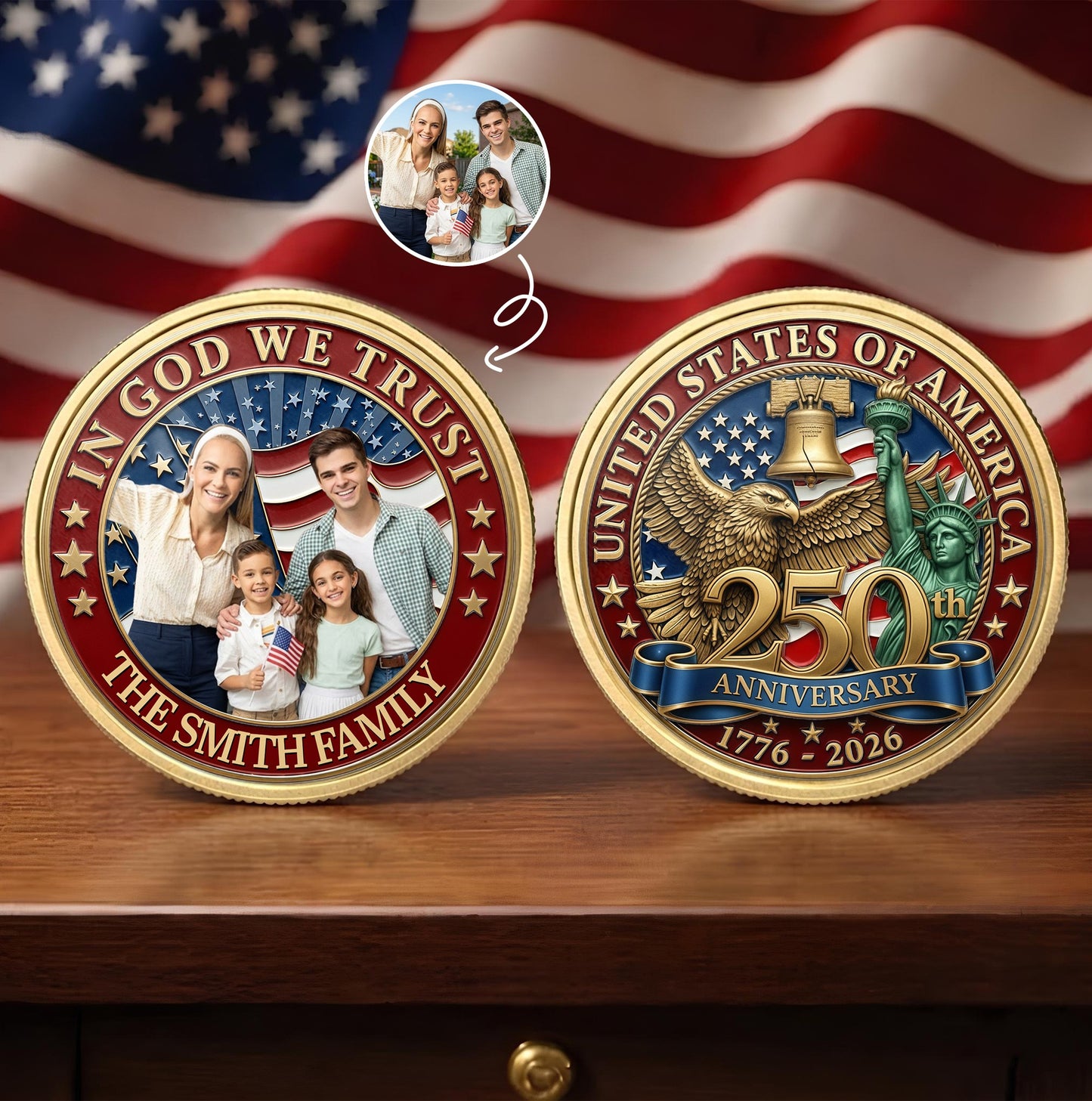 In God We Trust Our Family American Flag Custom Photo - Custom Commemorative Coin - INDE240_KCOIN