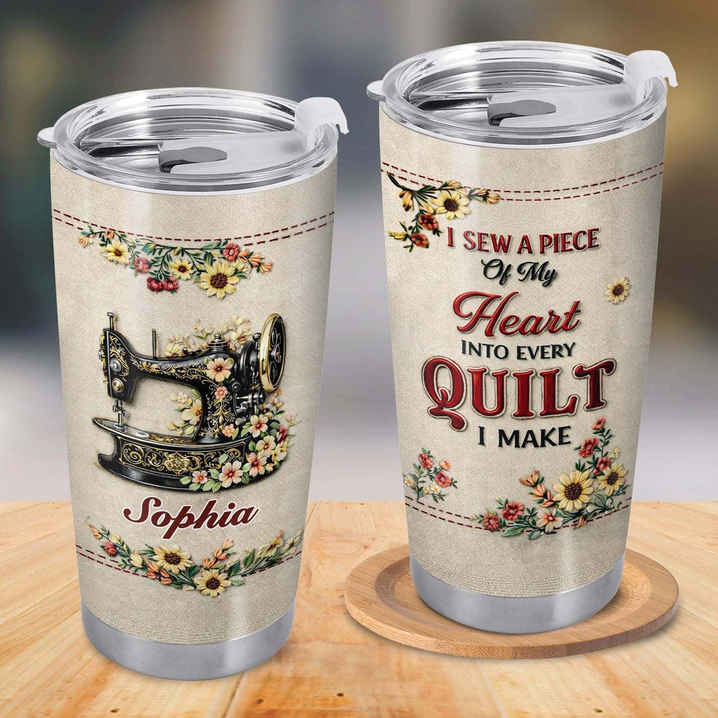 I Sew A Piece Of My Heart Into Every Quilt Floral Sewing Machine - Personalized Custom Stainless Steel Tumbler 20oz 30oz - JBS144_TB