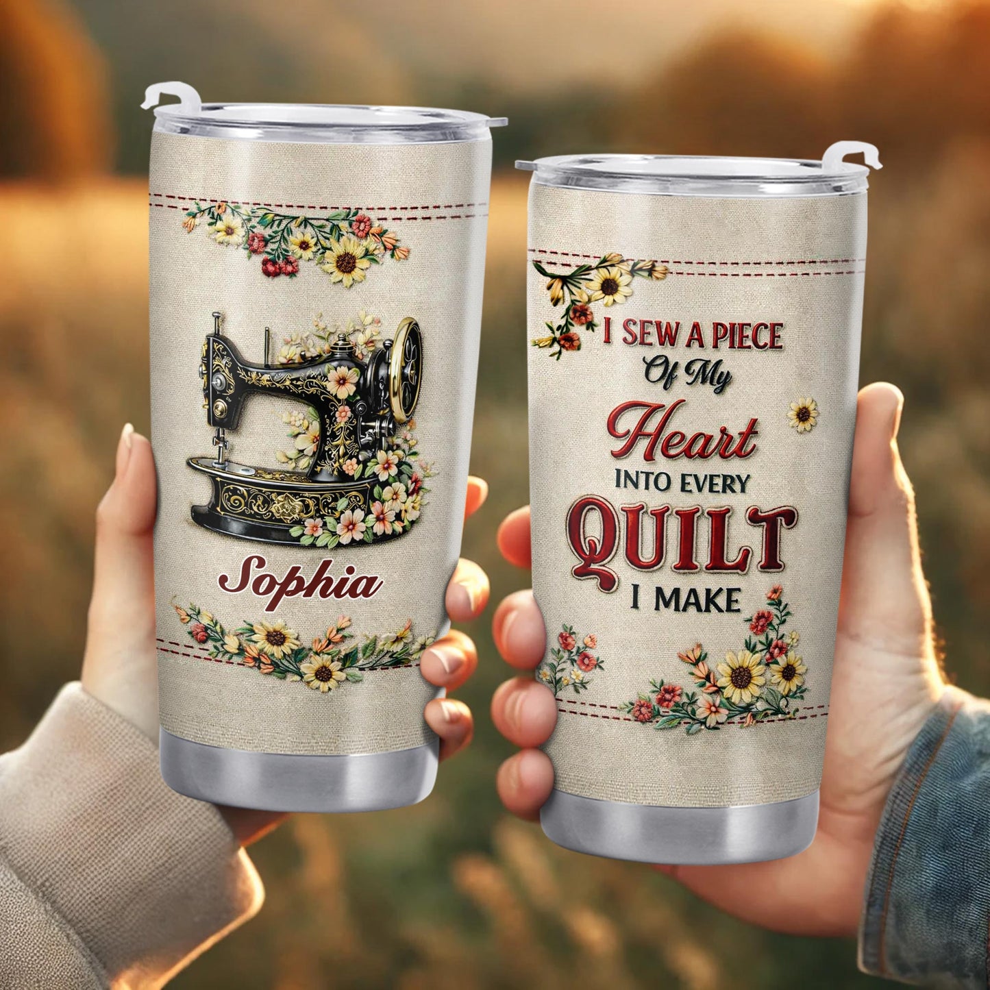 I Sew A Piece Of My Heart Into Every Quilt Floral Sewing Machine - Personalized Custom Stainless Steel Tumbler 20oz 30oz - JBS144_TB