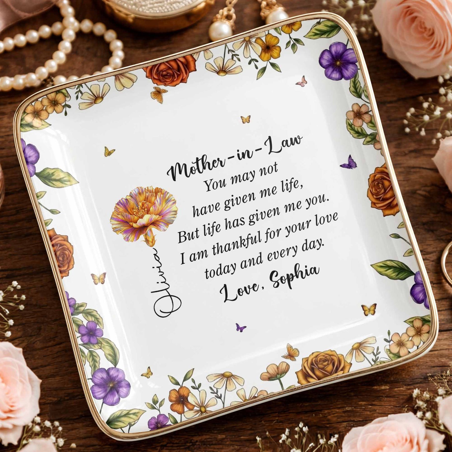 Thankful For Your Love Mother-In-Law, Flowers And Butterflies - Personalized Custom Jewelry Dish, Ceramic Dish, Square Shape - MOLA001_SCRF