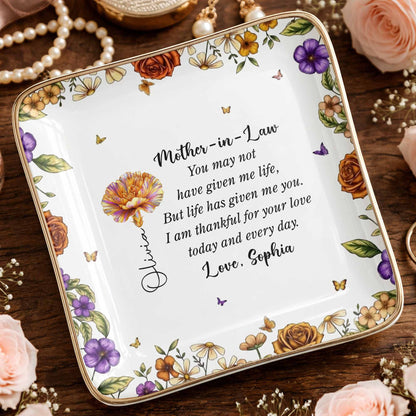 Thankful For Your Love Mother-In-Law, Flowers And Butterflies - Personalized Custom Jewelry Dish, Ceramic Dish, Square Shape - MOLA001_SCRF