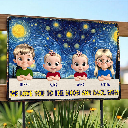 We Love You To The Moon And Back, Mom, Cartoon Children and Starry Night Sky