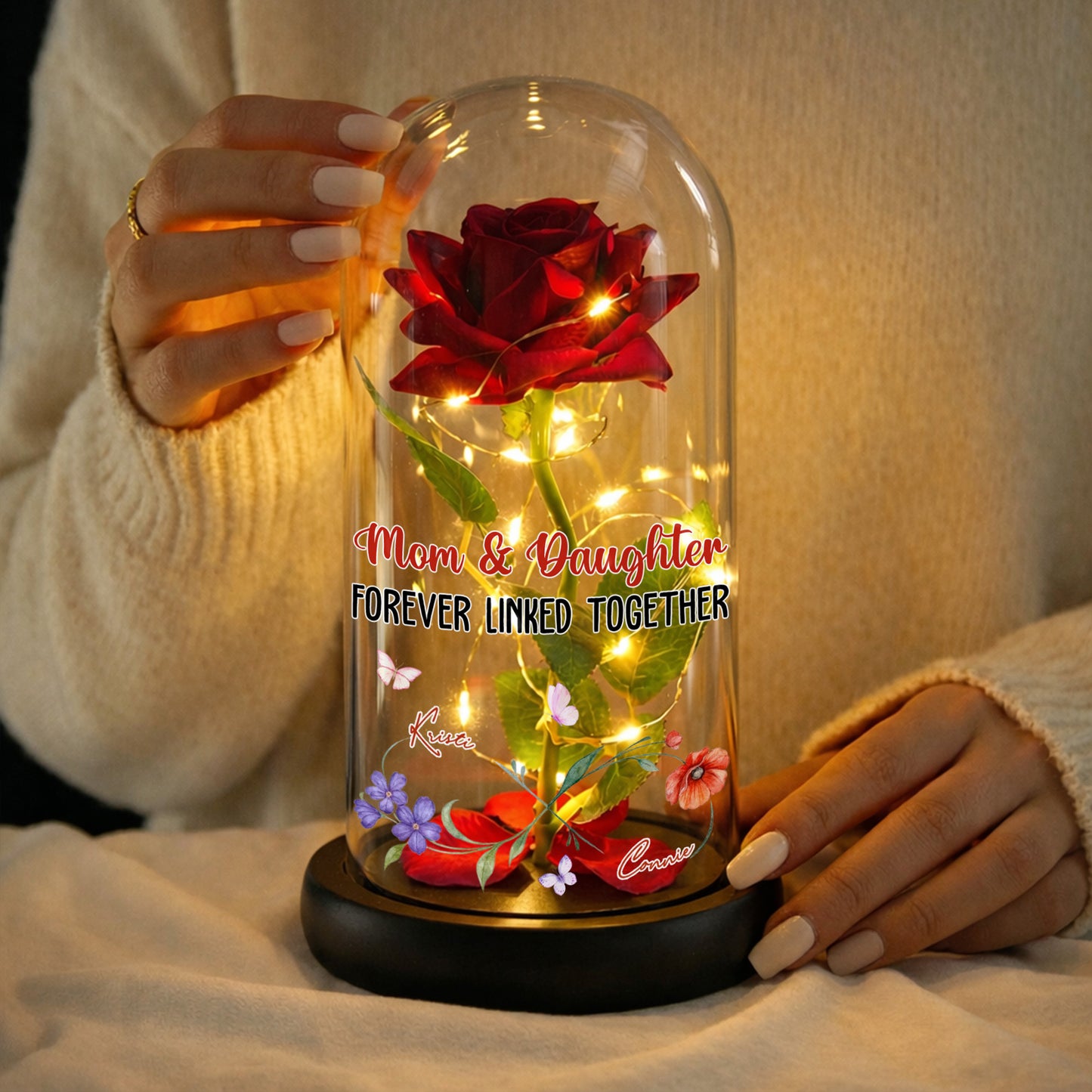 Mom & Daughter Forever Linked Together With Roses - Personalized Everlasting Rose Dome Lamp - MOM025_RLAMP