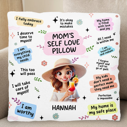 Mom's Self Love Pillow With Flowers And Cocktail