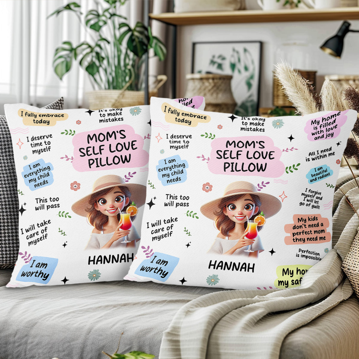 Mom's Self Love Pillow With Flowers And Cocktail