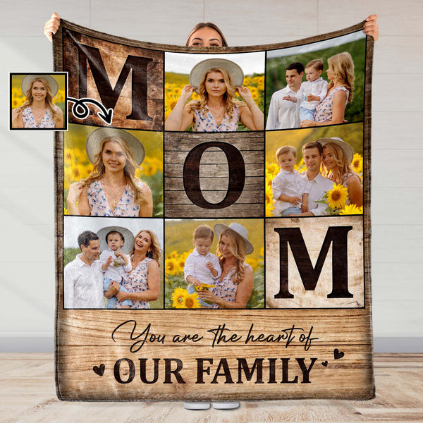 Eres el corazón de nuestra familia con girasoles y fotos familiares - Manta personalizada - MOM036_BLK