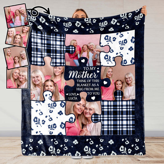 Mother's Hug Puzzle Pieces And Hearts Blanket - Personalized Custom Blanket - MOM040_BLK