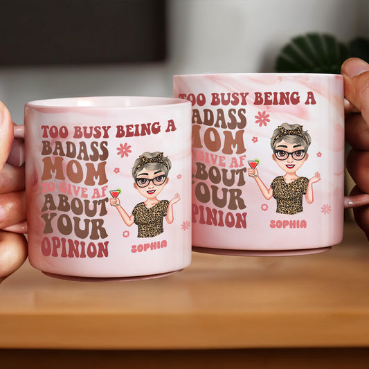 Too Busy Being A Badass Mom Leopard Print Top and Martini Glass - Personalized Custom Pink Marble Mug - MOM040_PMAM