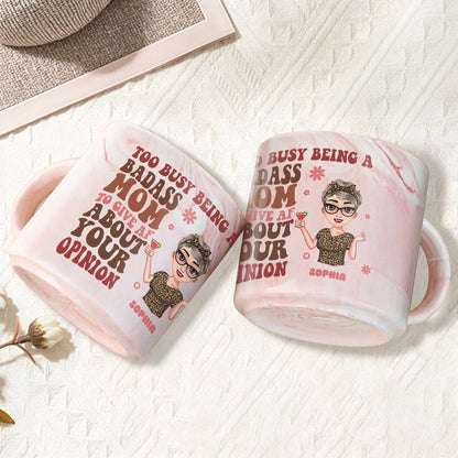 Too Busy Being A Badass Mom Leopard Print Top and Martini Glass - Personalized Custom Pink Marble Mug - MOM040_PMAM