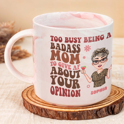 Too Busy Being A Badass Mom Leopard Print Top and Martini Glass - Personalized Custom Pink Marble Mug - MOM040_PMAM