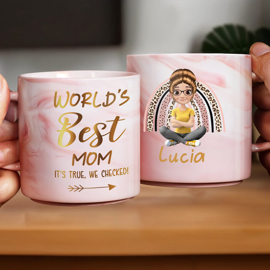 World's Best Mom Marble Mug Featuring a Cartoon Woman