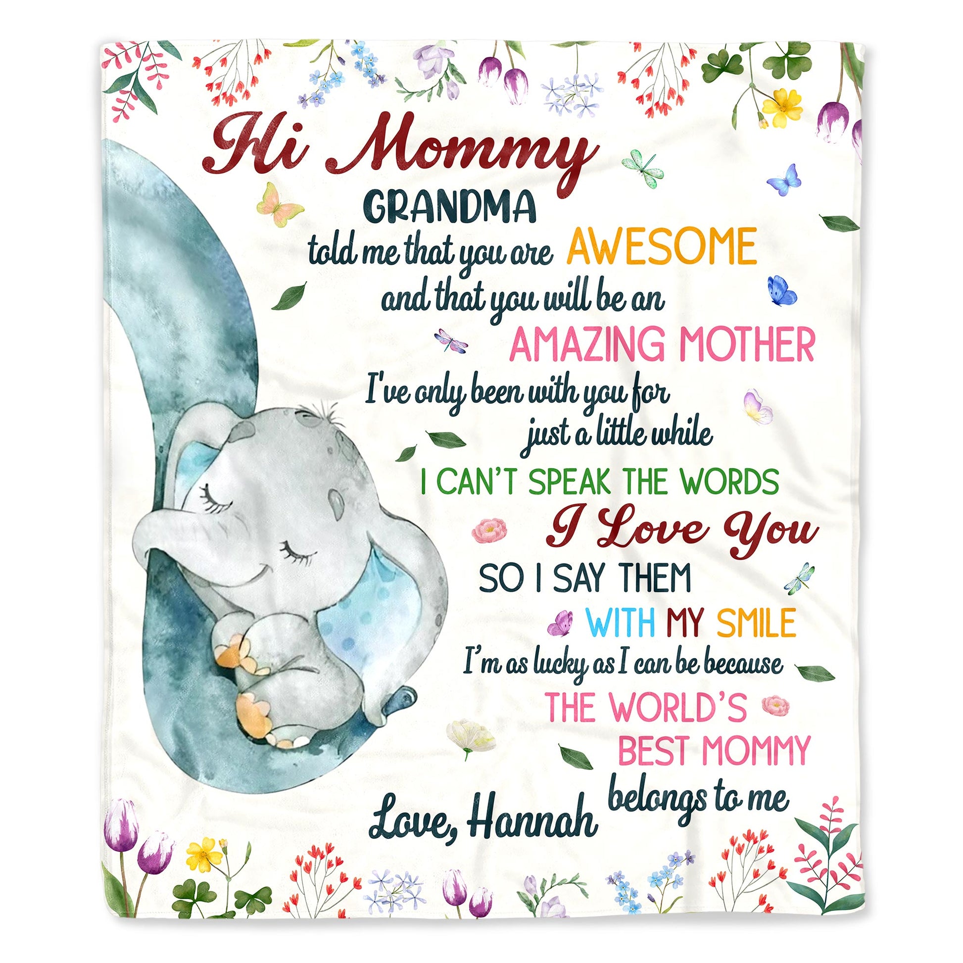 Hi Mommy Grandma, You Are Awesome, Elephant and Flowers Blanket