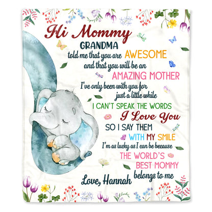 Hi Mommy Grandma, You Are Awesome, Elephant and Flowers Blanket