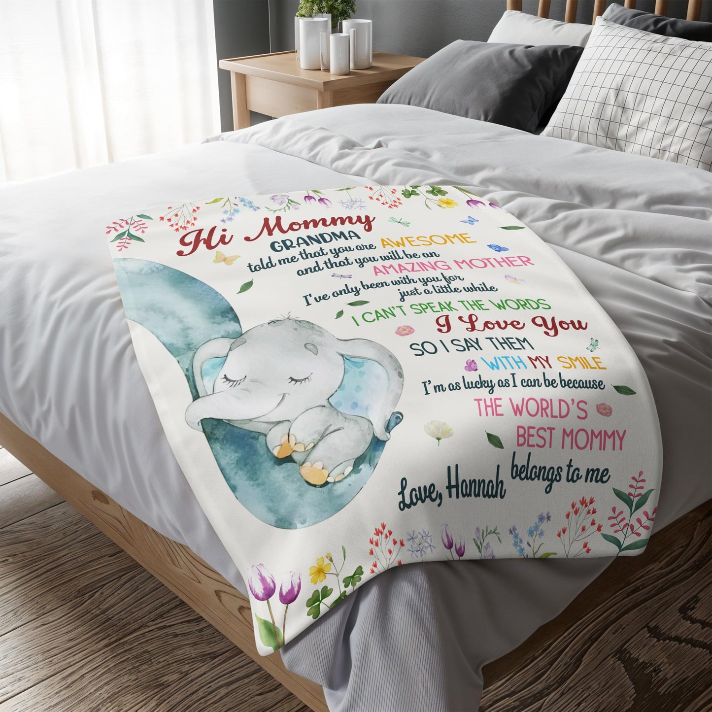 Hi Mommy Grandma, You Are Awesome, Elephant and Flowers Blanket