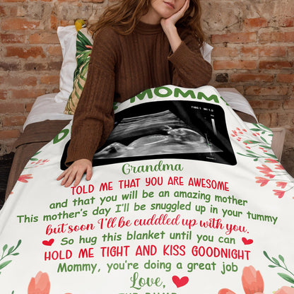 Dear Mommy, Flowers And Ultrasound Image On A Custom Blanket