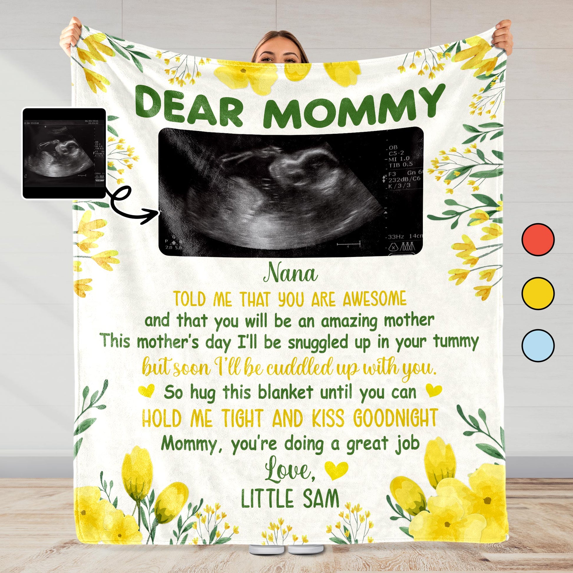 Dear Mommy, Flowers And Ultrasound Image On A Custom Blanket