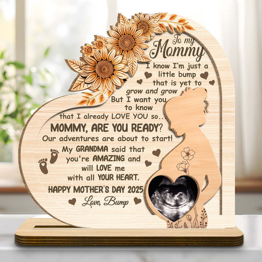 To My Mommy, Mother's Day Custom Wood Plaque, Flowers, Pregnant Woman Profile - Personalized Custom 2-Layer Wood Plaque With Flat Base - MOM080_WPLA