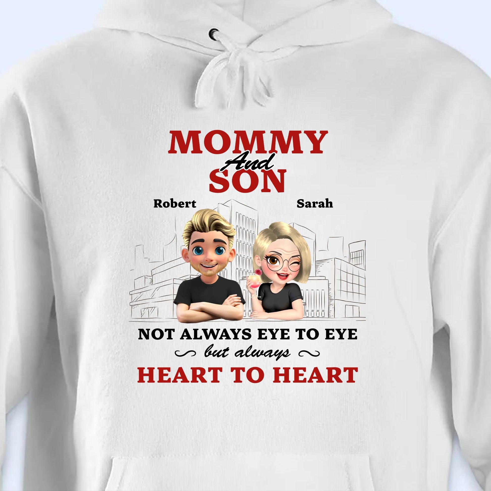Mommy And Son Not Always Eye To Eye But Always Heart To Heart, Cartoon Characters And Cityscape