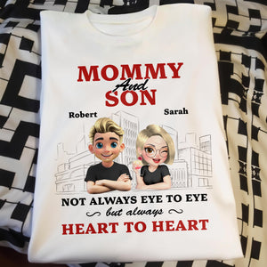Mommy And Son Not Always Eye To Eye But Always Heart To Heart, Cartoon Characters And Cityscape