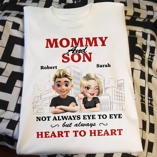 Mommy And Son Not Always Eye To Eye But Always Heart To Heart, Cartoon Characters And Cityscape