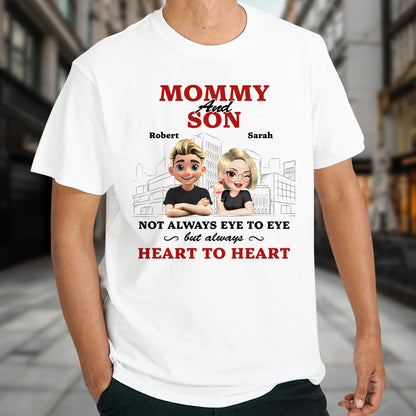 Mommy And Son Not Always Eye To Eye But Always Heart To Heart, Cartoon Characters And Cityscape