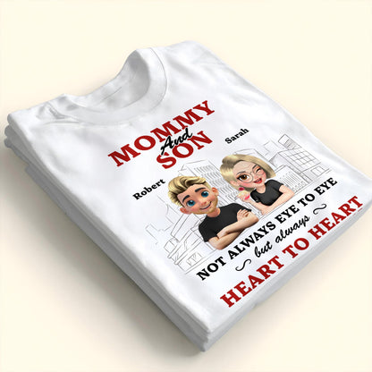 Mommy And Son Not Always Eye To Eye But Always Heart To Heart, Cartoon Characters And Cityscape
