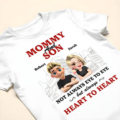 Mommy And Son Not Always Eye To Eye But Always Heart To Heart, Cartoon Characters And Cityscape