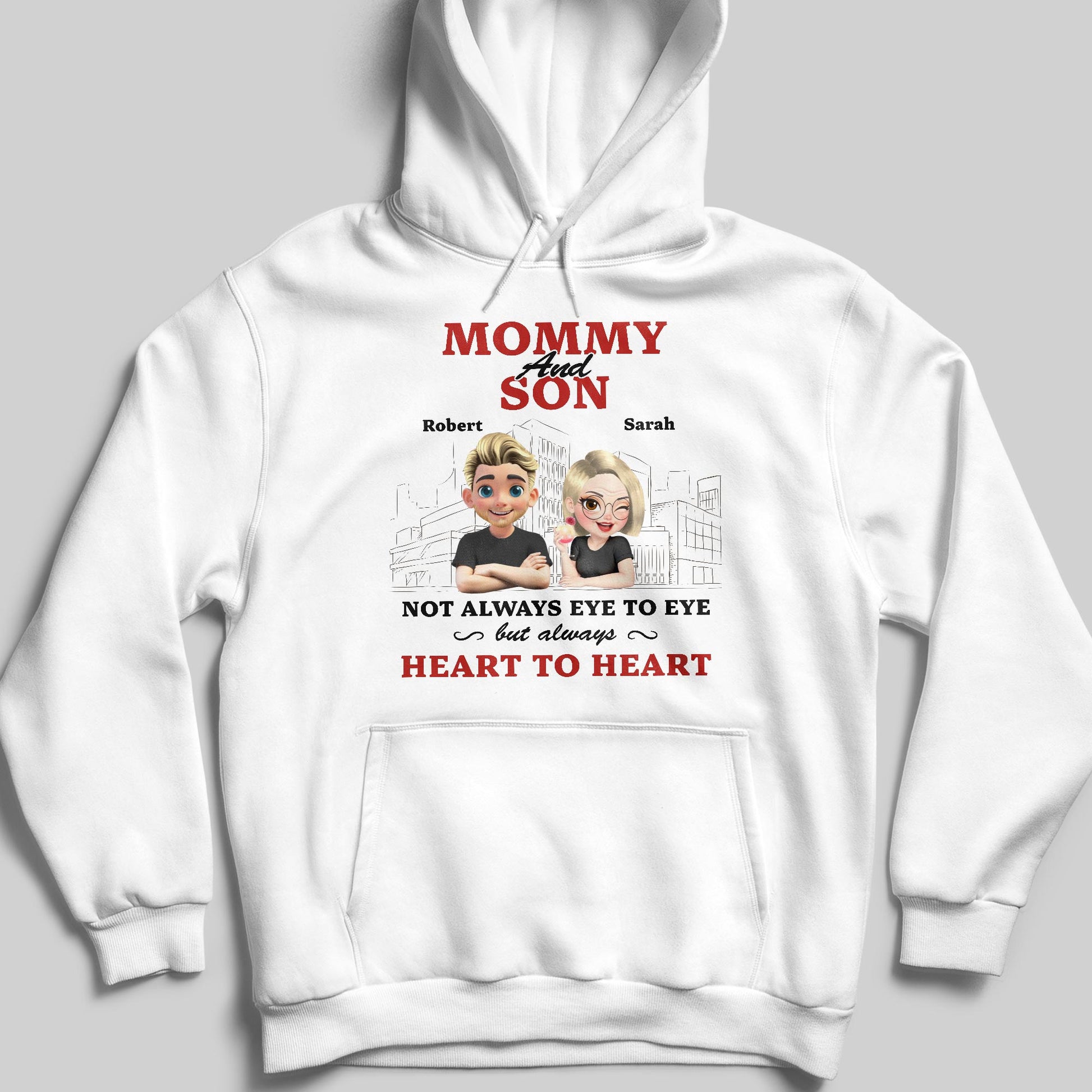 Mommy And Son Not Always Eye To Eye But Always Heart To Heart, Cartoon Characters And Cityscape