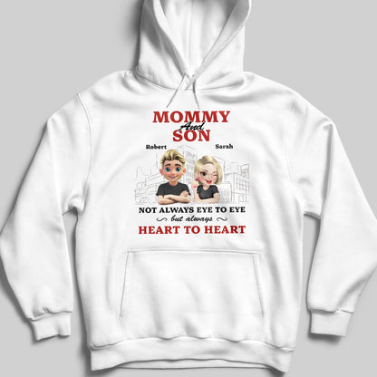 Mommy And Son Not Always Eye To Eye But Always Heart To Heart, Cartoon Characters And Cityscape